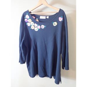 Quacker Factory Black Flower Sequins Blouse Embroidery Large